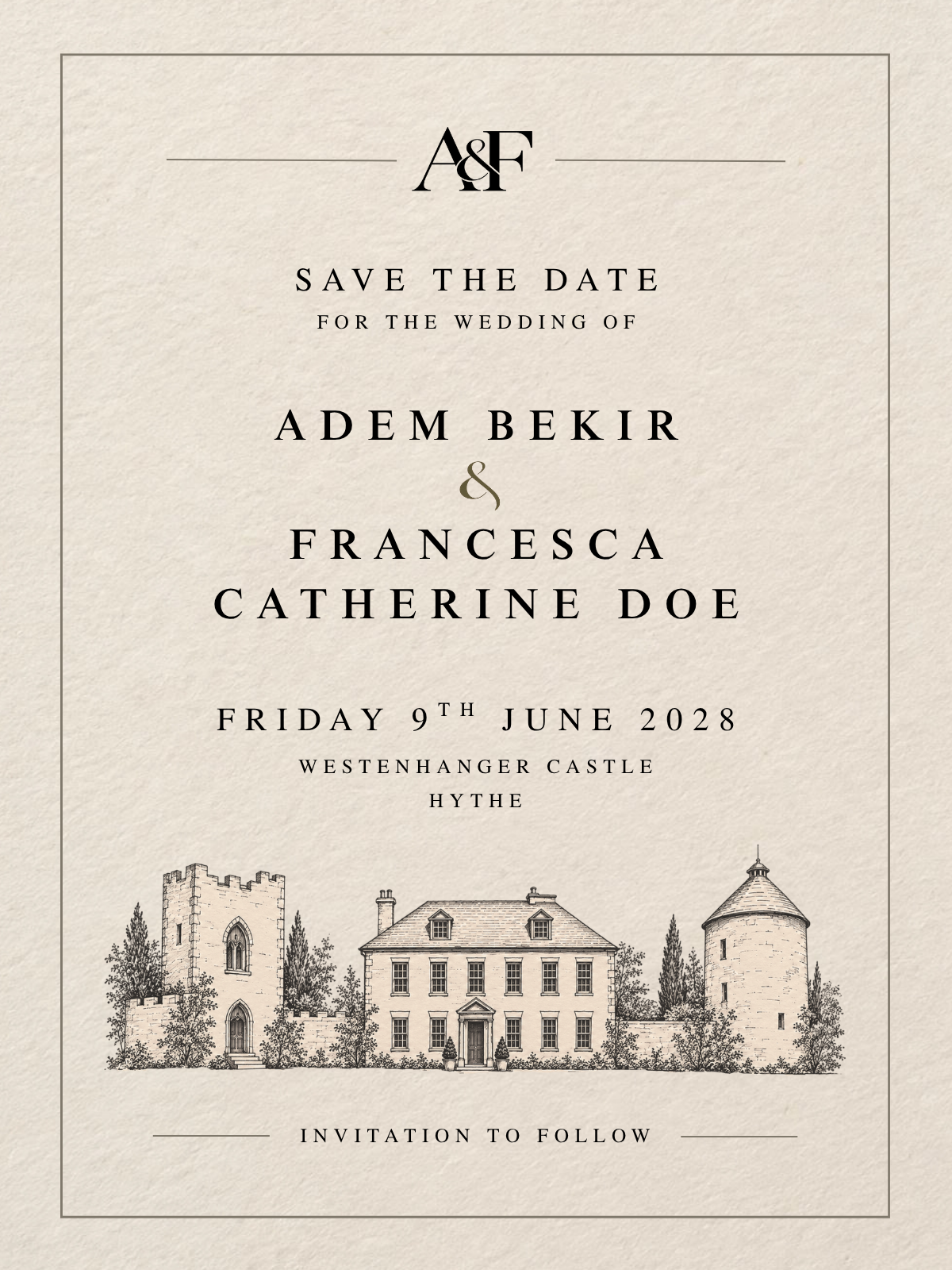 Adem Bekir and Francesca Catherine Doe — Save the Date, Friday 9 June 2028, Westenhanger Castle, Hythe